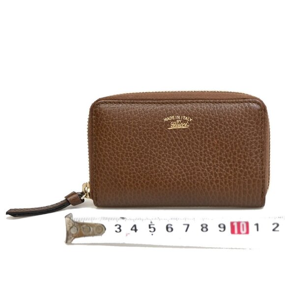 GUCCI Logo Zipper Mini Coin Case Wallet Leather Brown Gold Made In Ital - Picture 1 of 16
